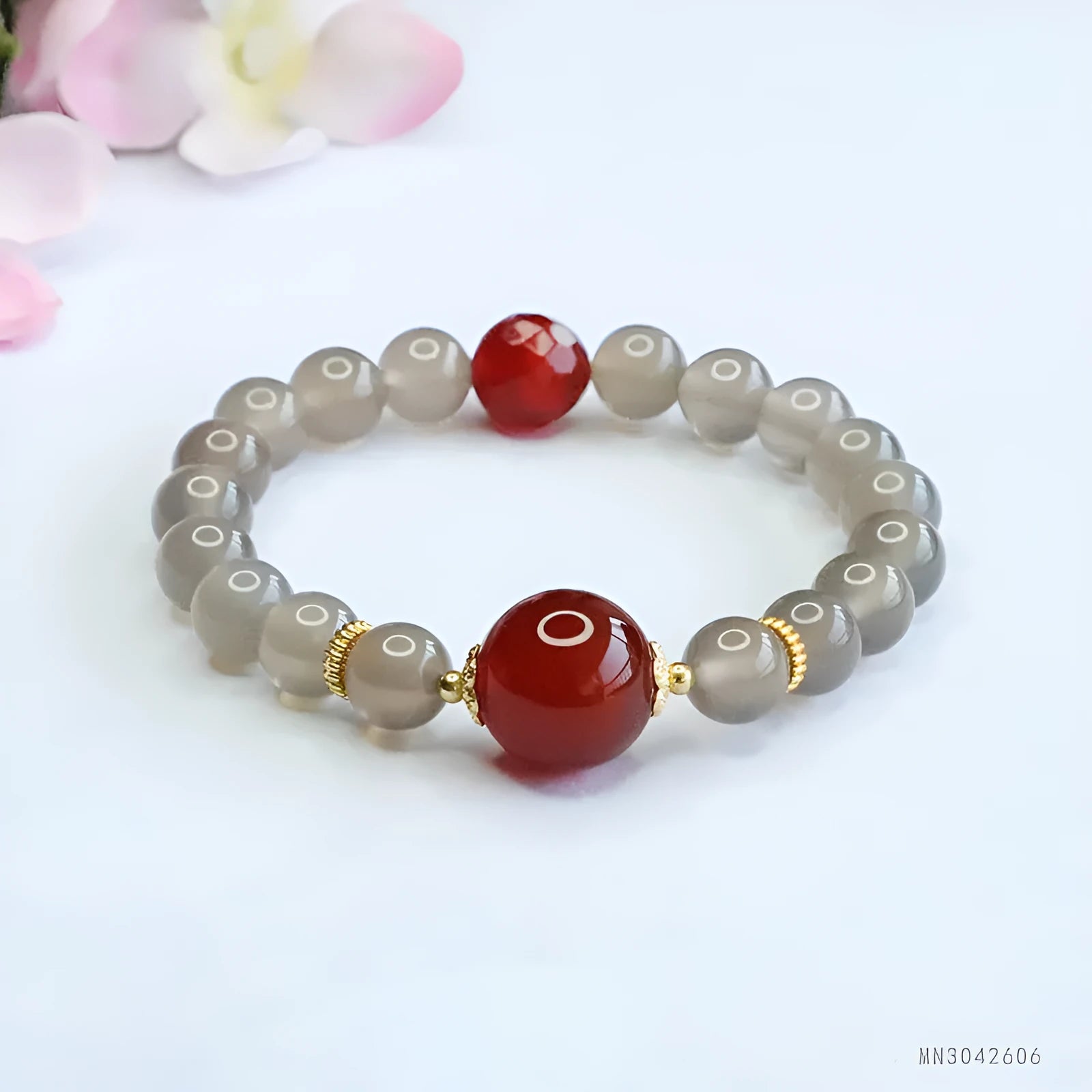 Natural smoky purple chalcedony and red agate bracelet with 8mm geometric beads.