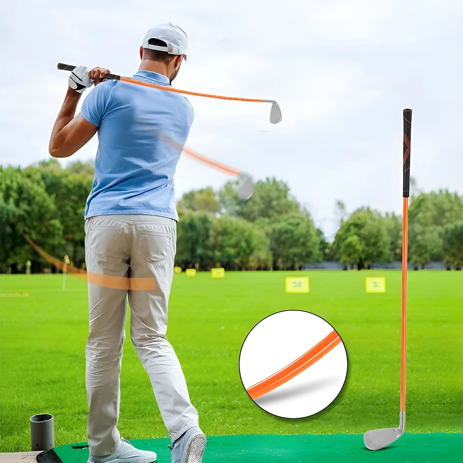 Golf iron swing trainer with orange soft iron club, compact size for home practice