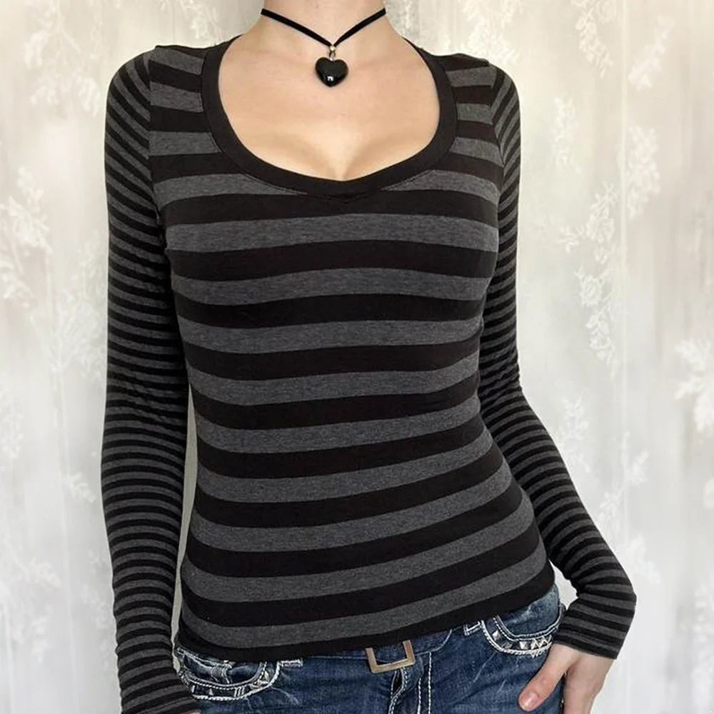 Black and grey striped women's long sleeve sweater t-shirt with slim fit European styling