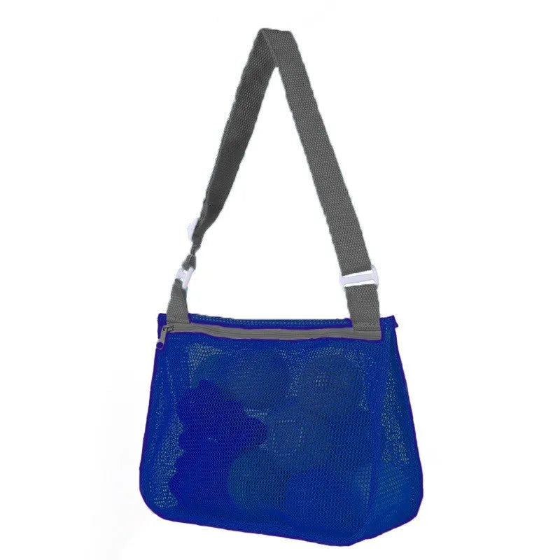 Blue nylon mesh children's travel storage bag with shoulder strap measuring 20x25x8cm