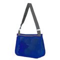 Blue nylon mesh children's travel storage bag with shoulder strap measuring 20x25x8cm