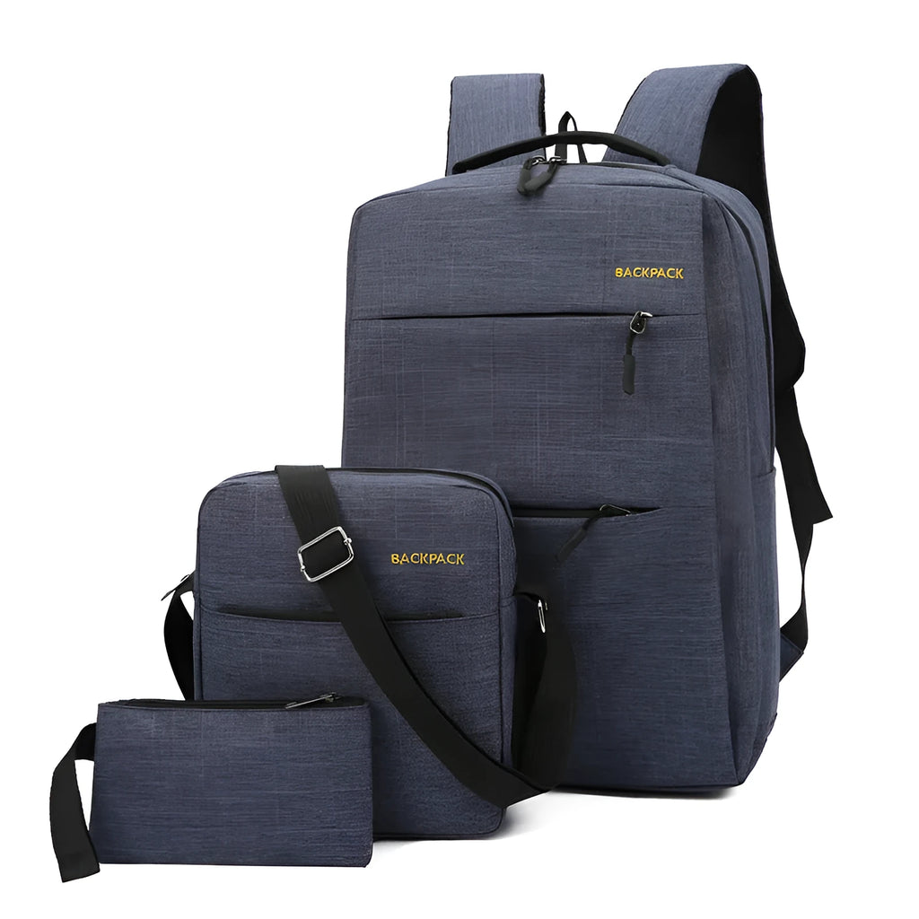 Men's casual three-piece nylon computer bag set with USB port in black, grey, navy, and wine red colours.