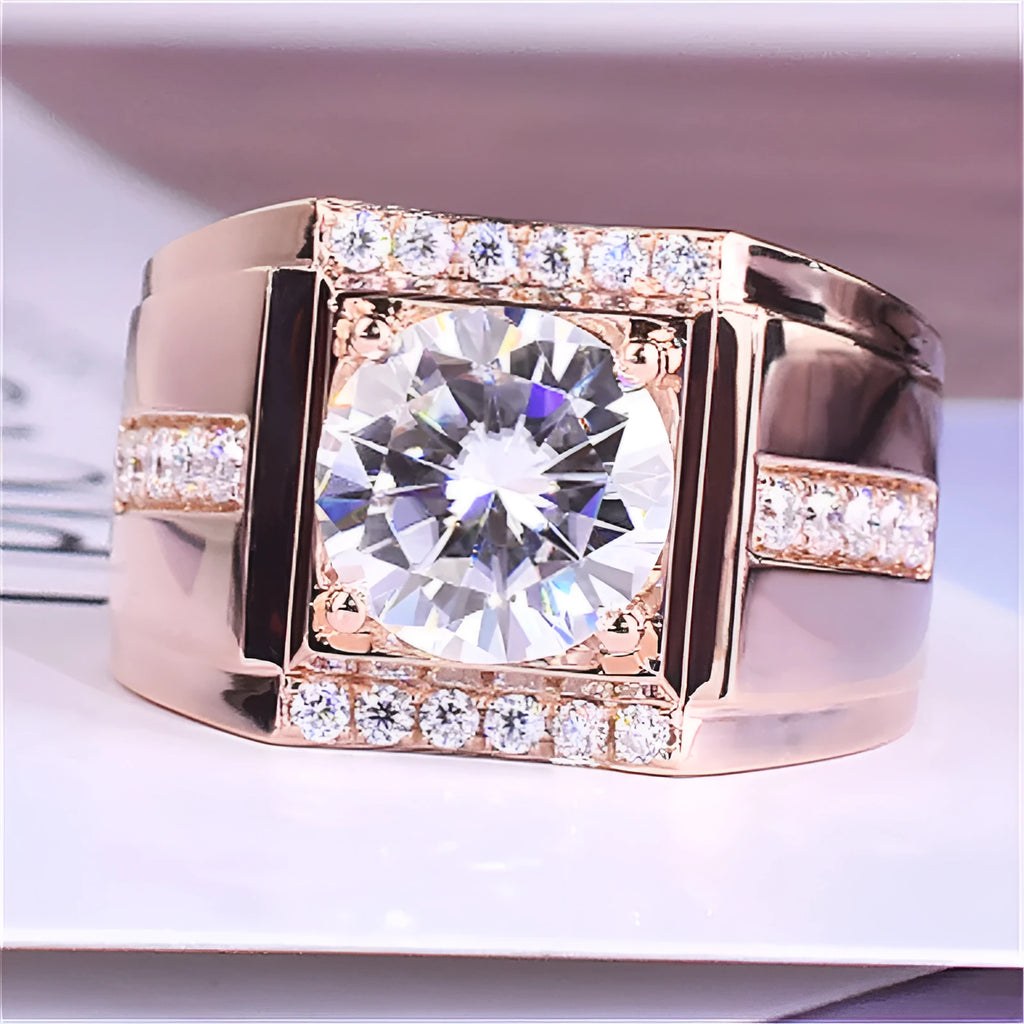 Men's geometric diamond imitation moissanite ring with adjustable opening in electroplated finish
