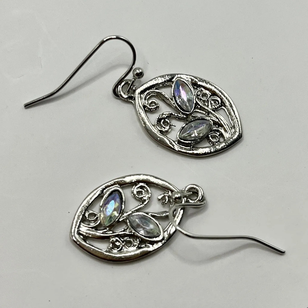 Silver colour leaf-shaped earrings with embedded colourful moonstones and European design elements