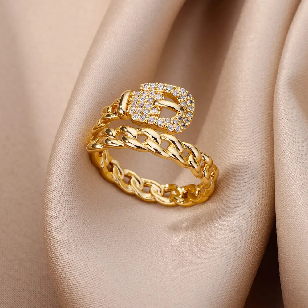 Copper belt open ring with micro-set zirconia stones, gold electroplated finish