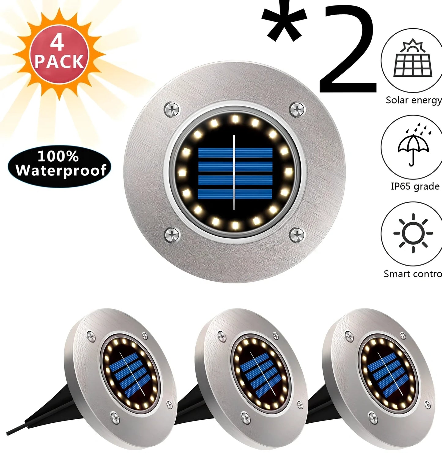 8LED waterproof solar garden light staked in lawn with warm glow, IP65 rated for rain resistance