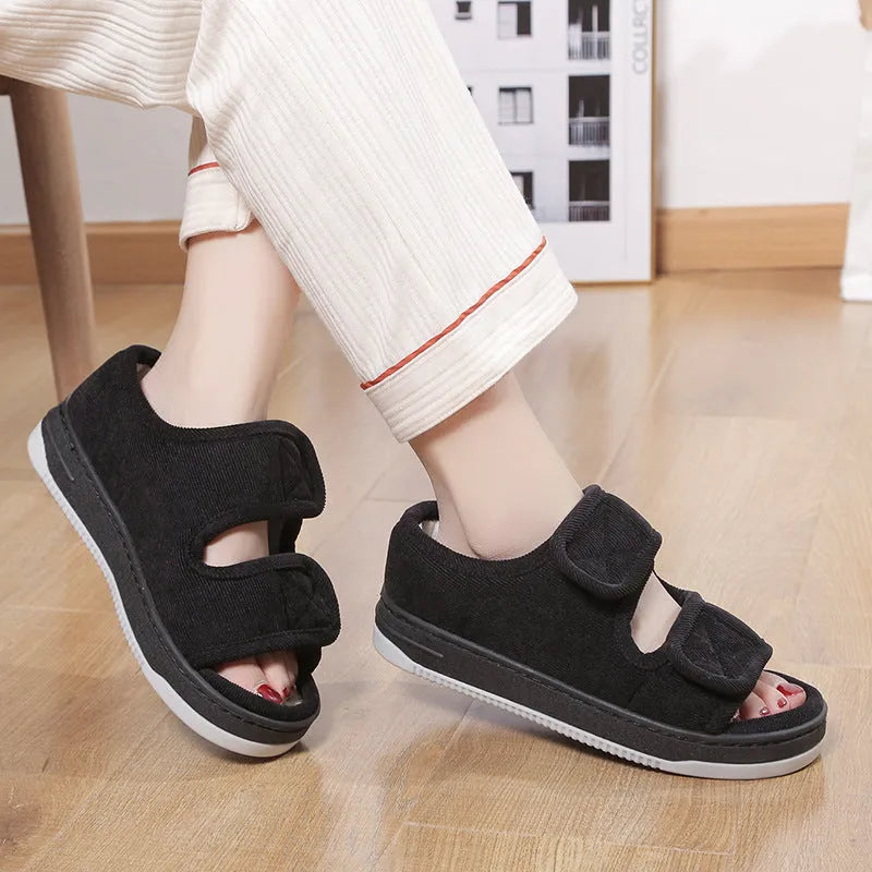 Breathable cloth sandals for elderly with open toe, rubber sole, available in large sizes and solid colours