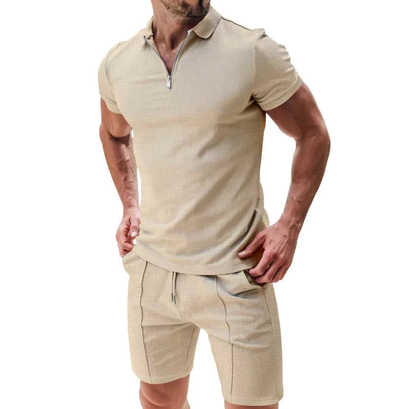 Men's summer waffle suit set with zipper lapel top and drawstring shorts in various colours
