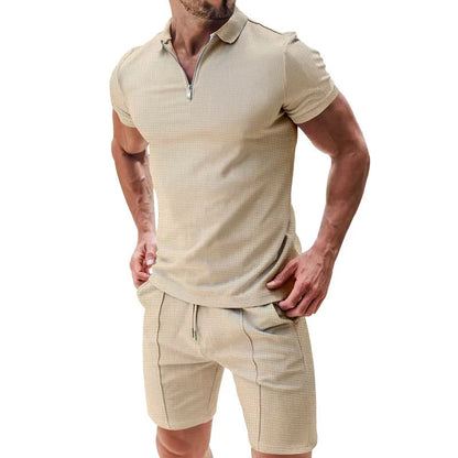 Men's summer waffle suit set with zipper lapel top and drawstring shorts in various colours