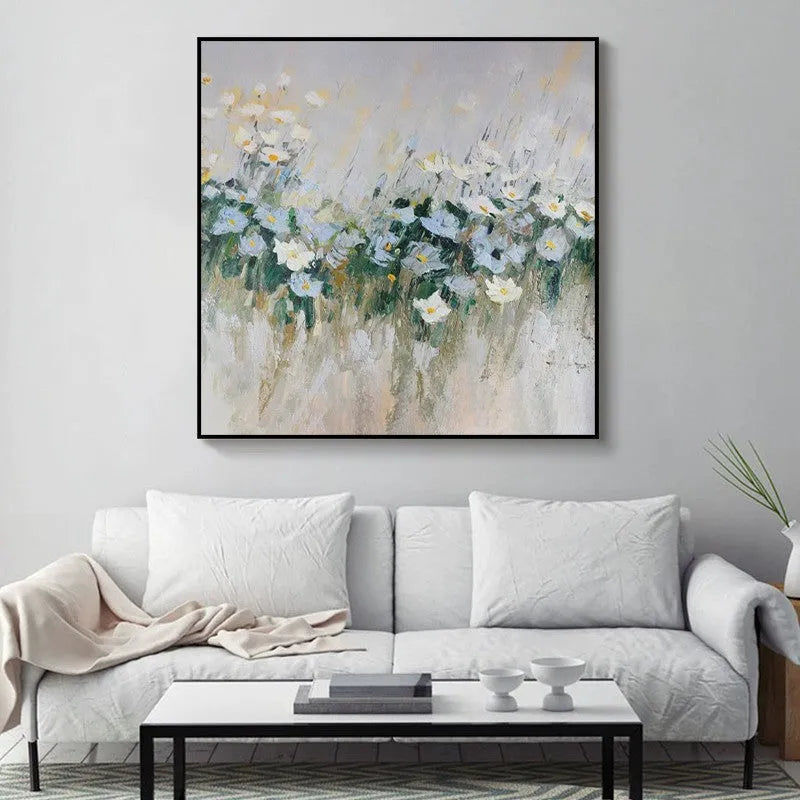 Handmade oil painting canvas wall art modern blue flowers square framed no frame rolled unstretched