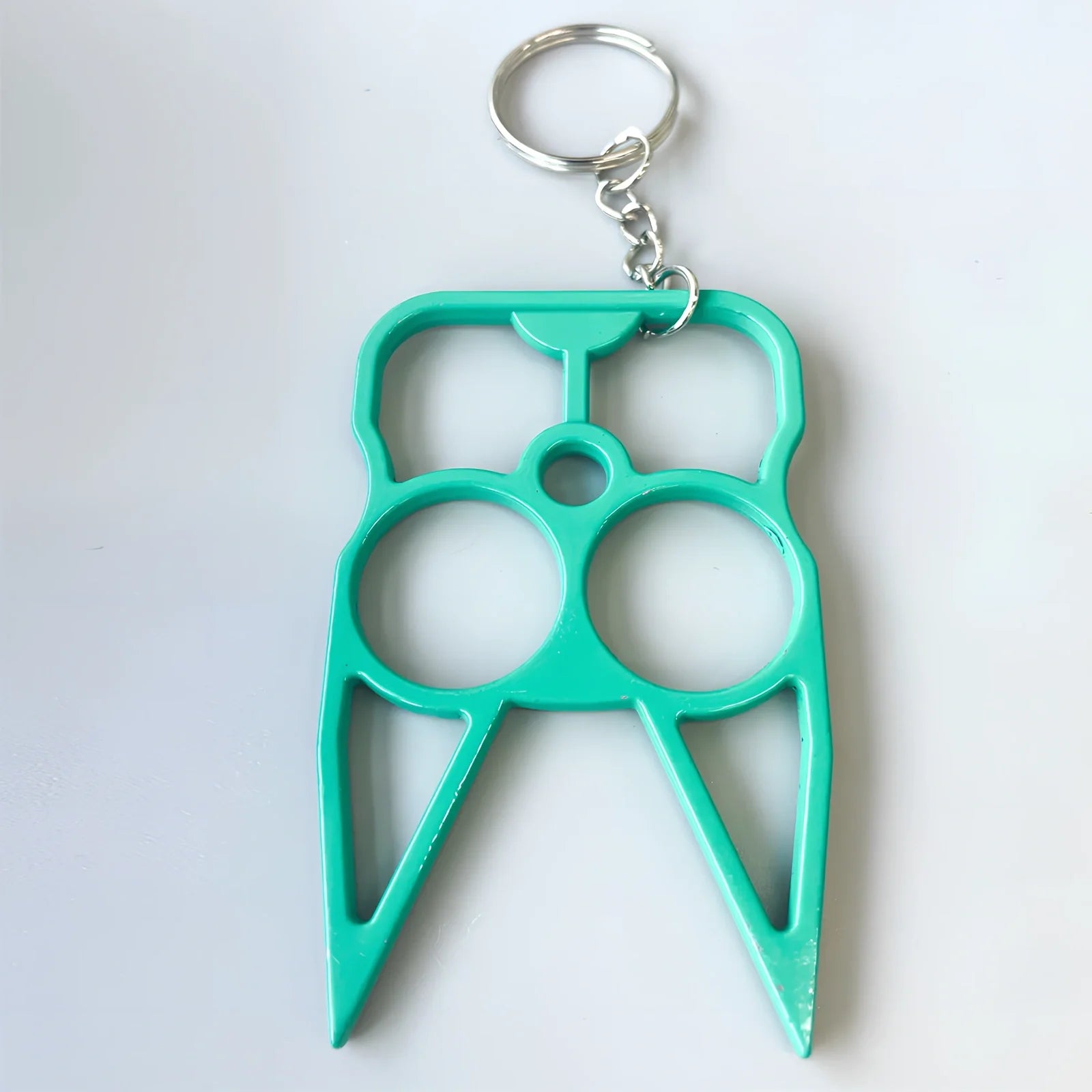 Green wrist strap self-defence key chain with perfume bottle, window breaker, alarm, and stick attachments, 10cm holder