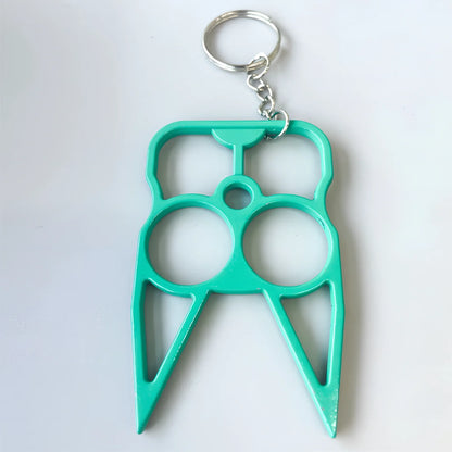 Green wrist strap self-defence key chain with perfume bottle, window breaker, alarm, and stick attachments, 10cm holder