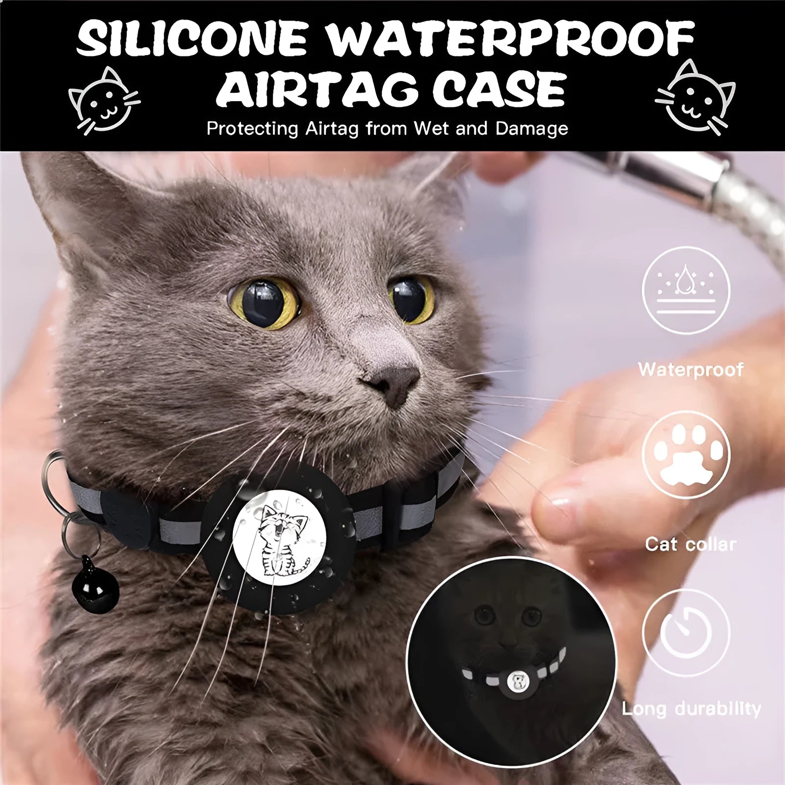 Apple Airtag protective cover collar for cats in stripes pattern with bell and reflective material
