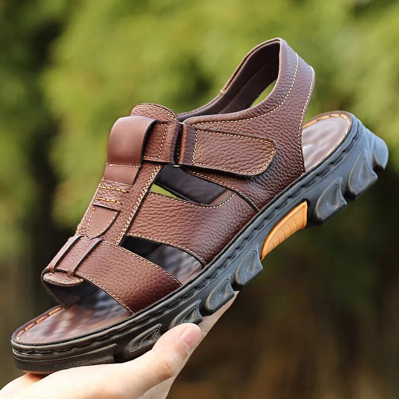 Men's summer cowhide soft bottom dual-use sandals open toe beach slippers with Velcro closure