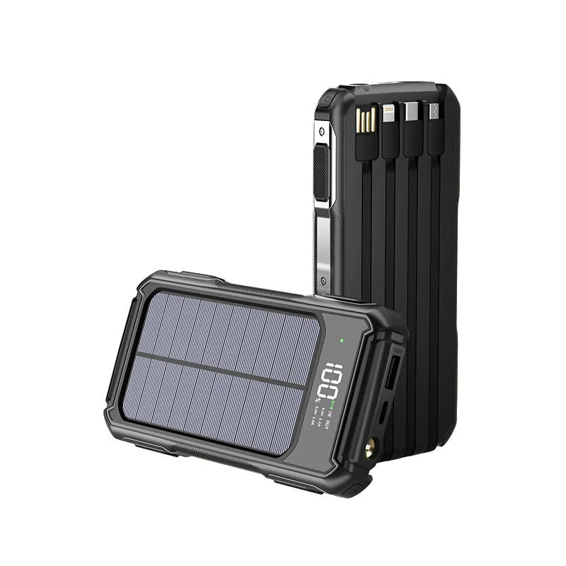 Black, green, and orange coloured large capacity military-grade mobile power bank showing size scale.