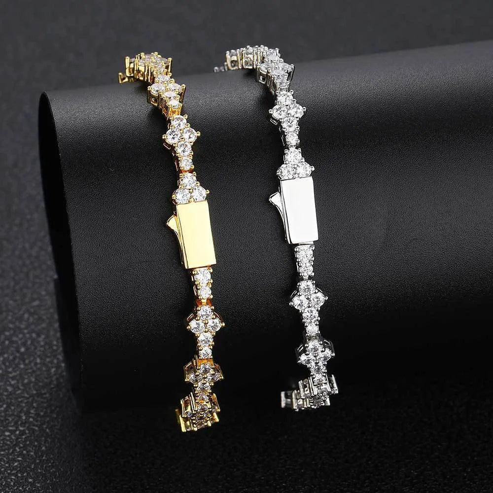 Spring fastener bracelet with inlaid zircon, 6.5mm wide copper chain, gold finish, unisex hip hop style