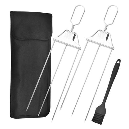 Stainless steel 3-prong BBQ skewer forks for perfect kebabs, non-stick and reusable.