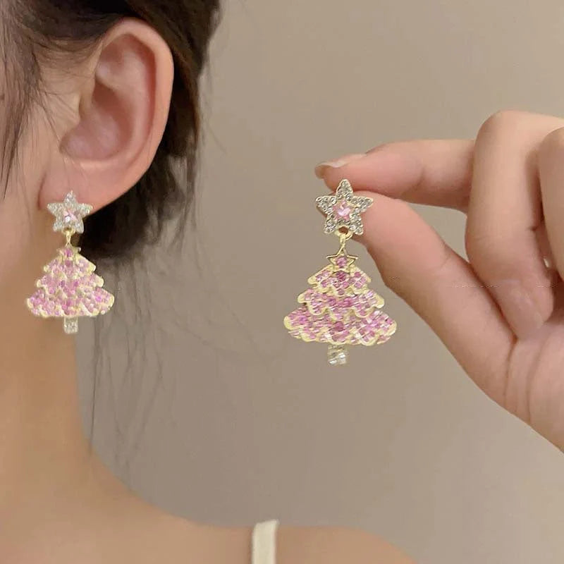 Pink Christmas tree earrings with sparkling zircon details, perfect for holiday parties