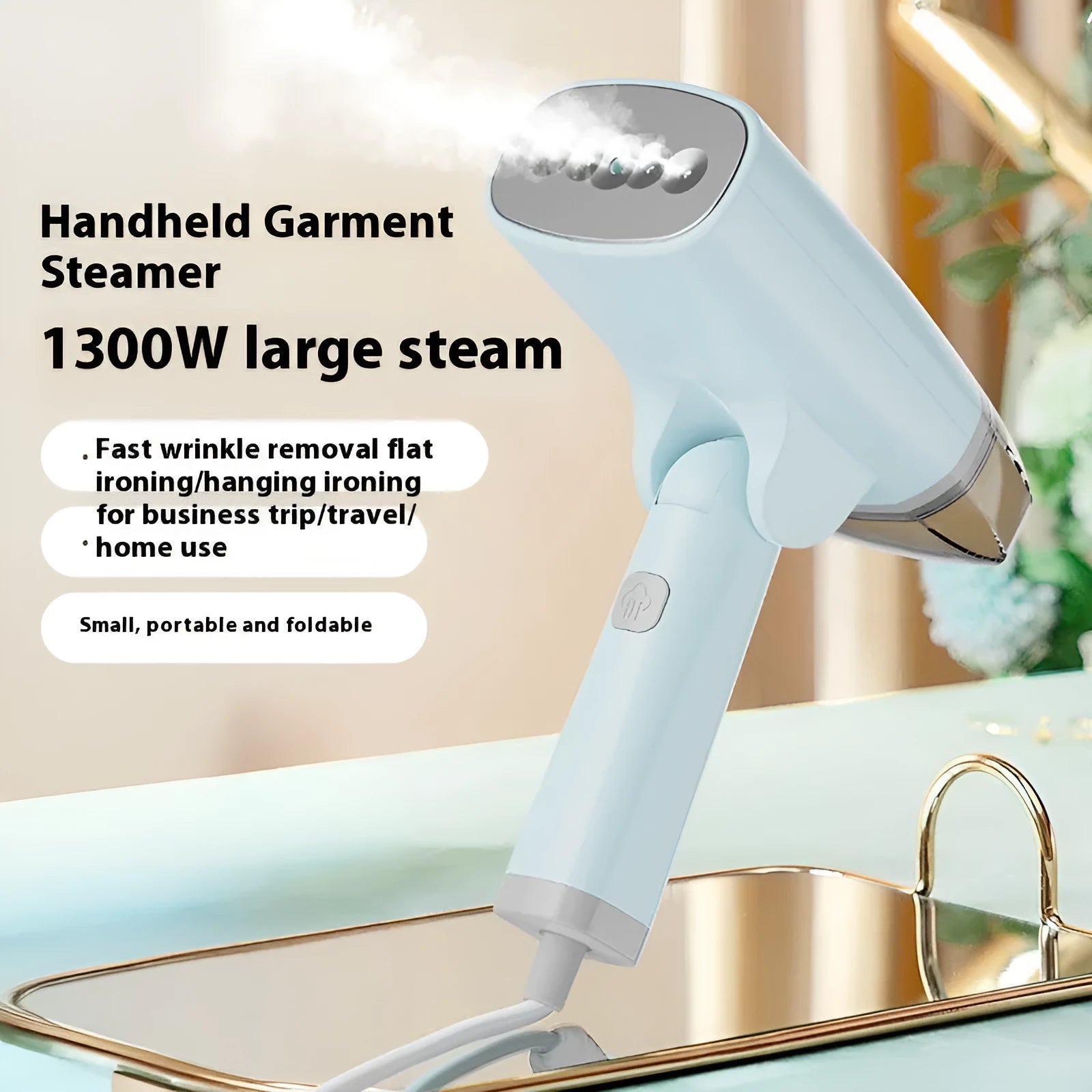 Blue and white handheld garment steamer with water tank and nozzle on a white background