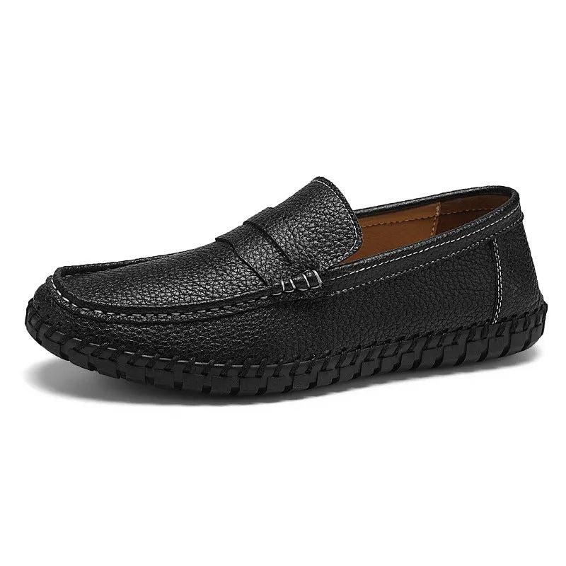 Men's hand-stitched lazy slip-on casual leather shoes with first layer cowhide upper, rubber sole, square heel, in black colour option