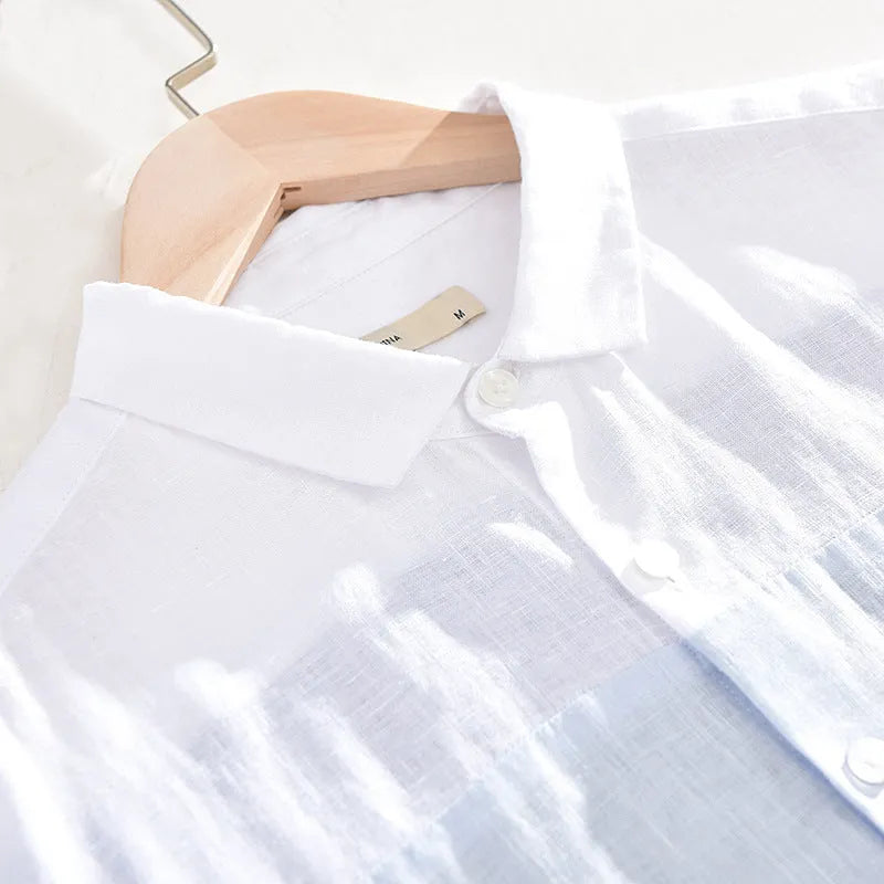 Men's white patchwork linen short sleeve shirt cardigan with square collar loose fit