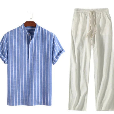 Men's striped casual short sleeve shirt in 100% cotton, available in white, red, gray, and blue.