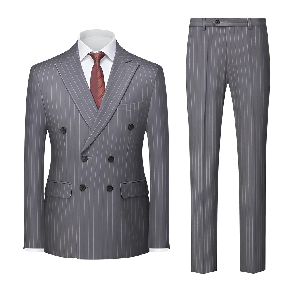 Men's slim fit striped double-breasted suit jacket and trousers on a hanger