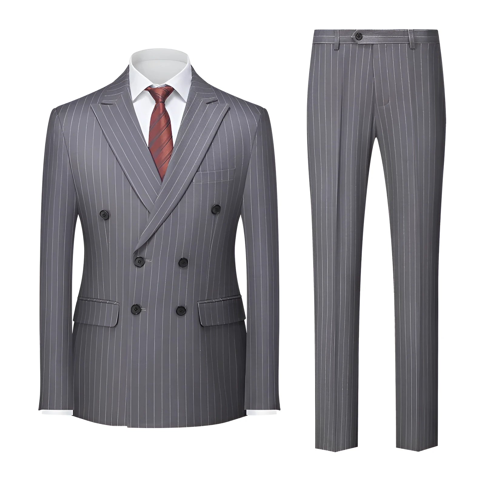 Men's slim fit striped double-breasted suit jacket and trousers on a hanger
