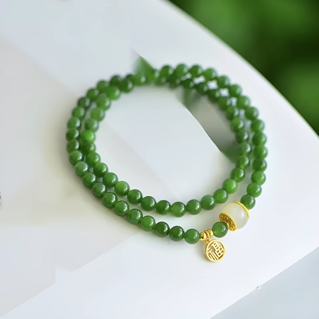 Women's double circle bracelet made of natural Hetian jade featuring a fu character, 6mm size.