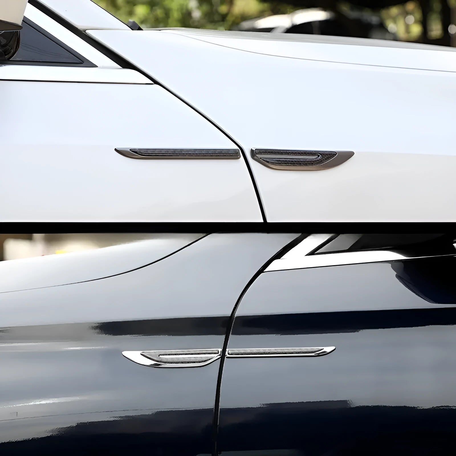 Car personality carbon fiber metal leaf side sticker set in matte lead silver finish with two size pairs