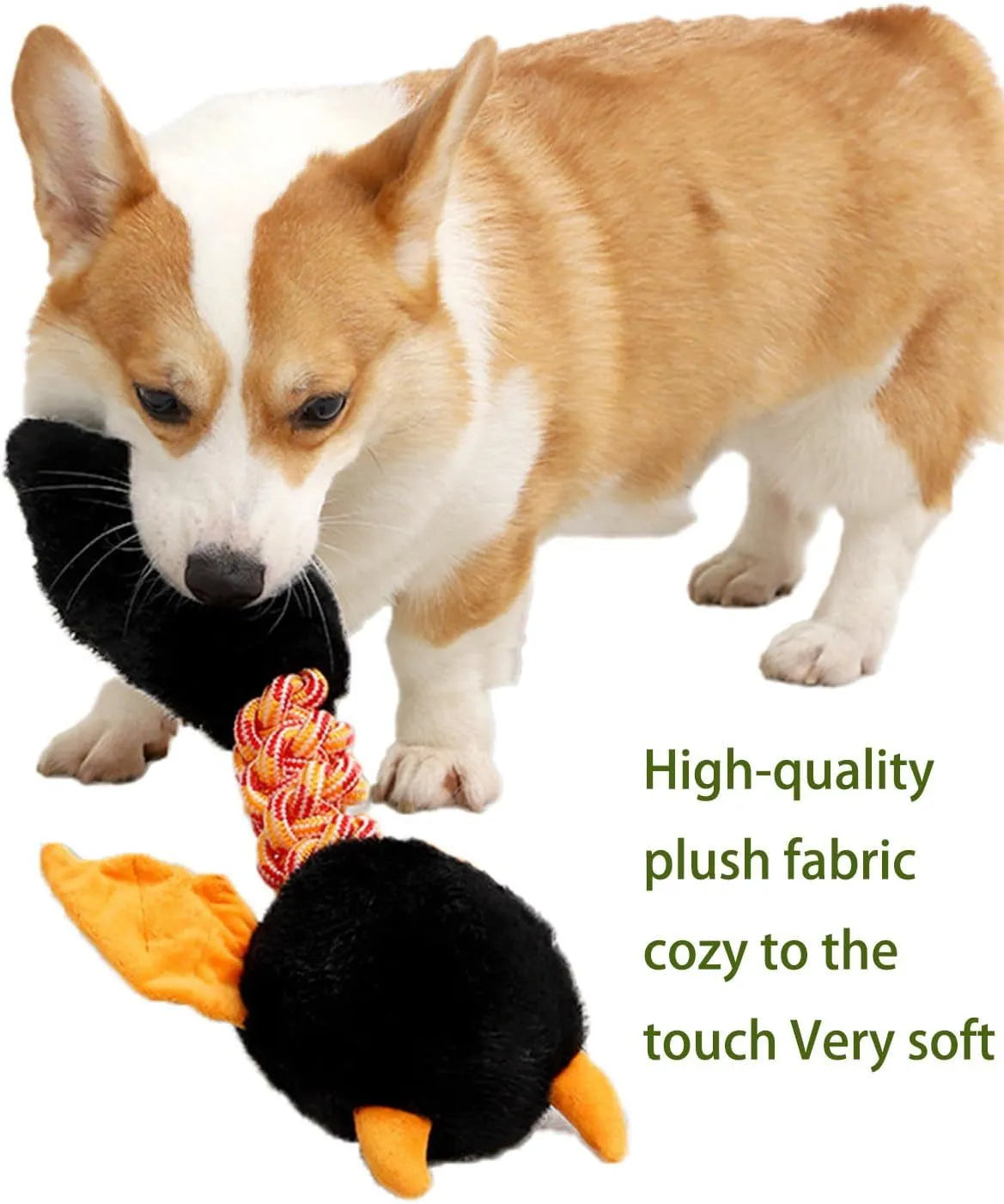 Interactive plush dog toy with squeaker and crinkle paper in black, green, or red, measuring 44cm.