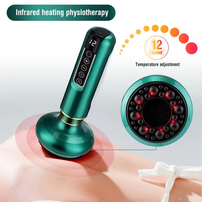 A versatile electric vacuum cupping massager with 12 suction levels, infrared heating, and portable wireless design for holistic self-care at home.
