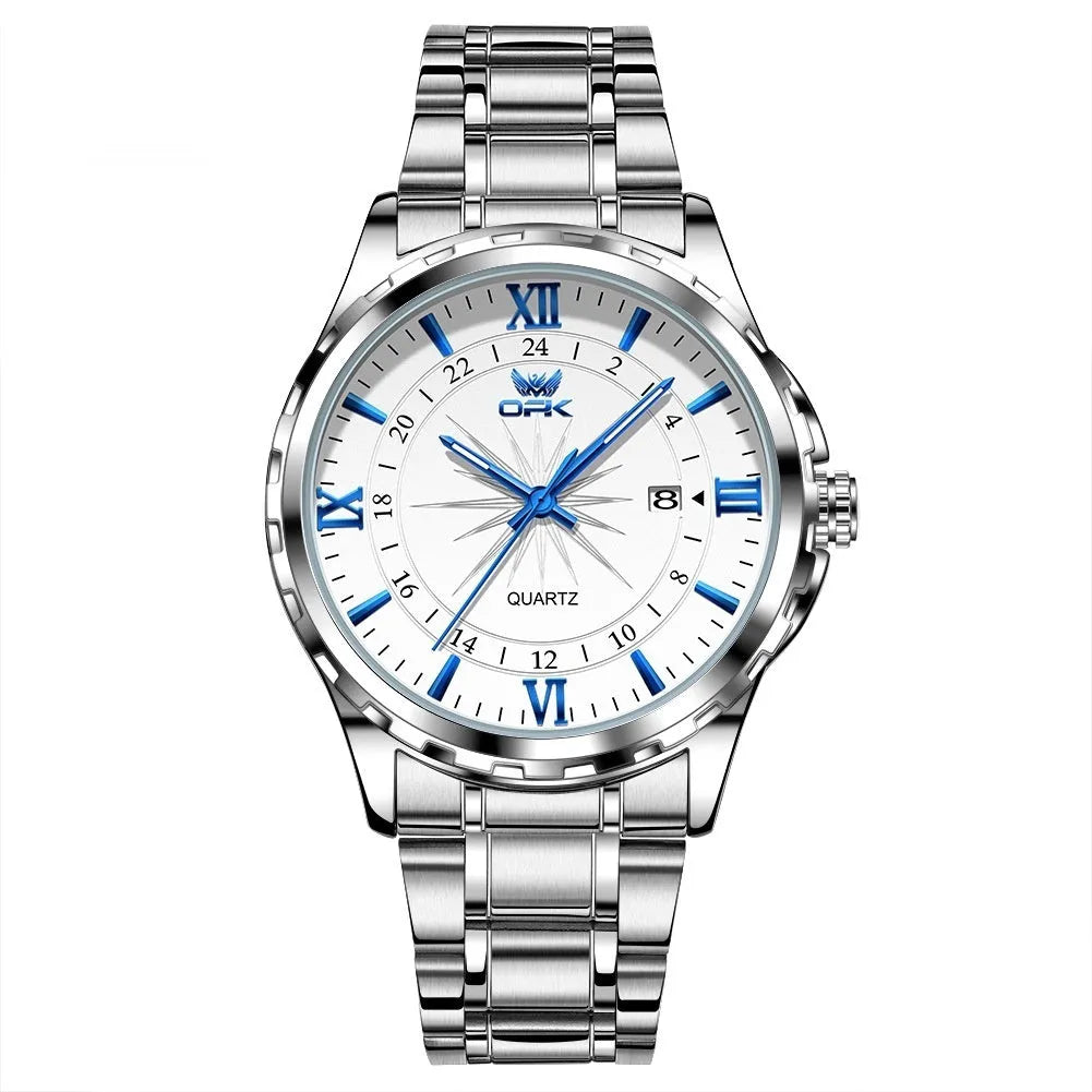 Waterproof luminous men's quartz watch with steel band, white dial, and blue markers