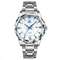 Waterproof luminous men's quartz watch with steel band, white dial, and blue markers