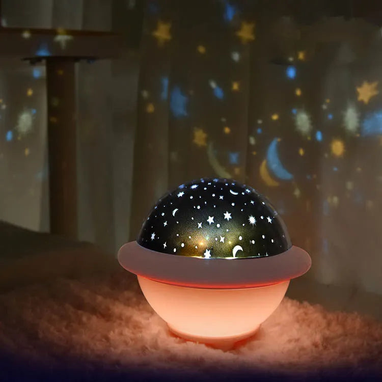 Green UFO-shaped starry sky projection night light with LED display and dual power options