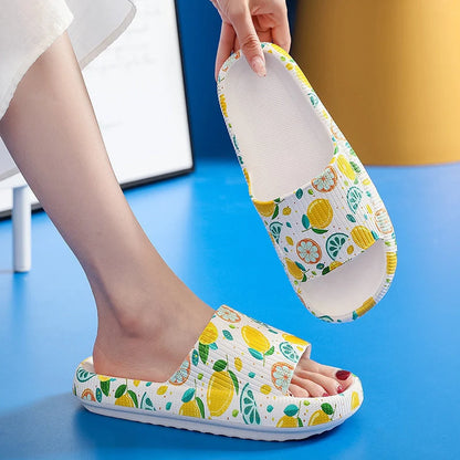 Women's graffiti stool soft sole slippers in camouflage and fruit designs