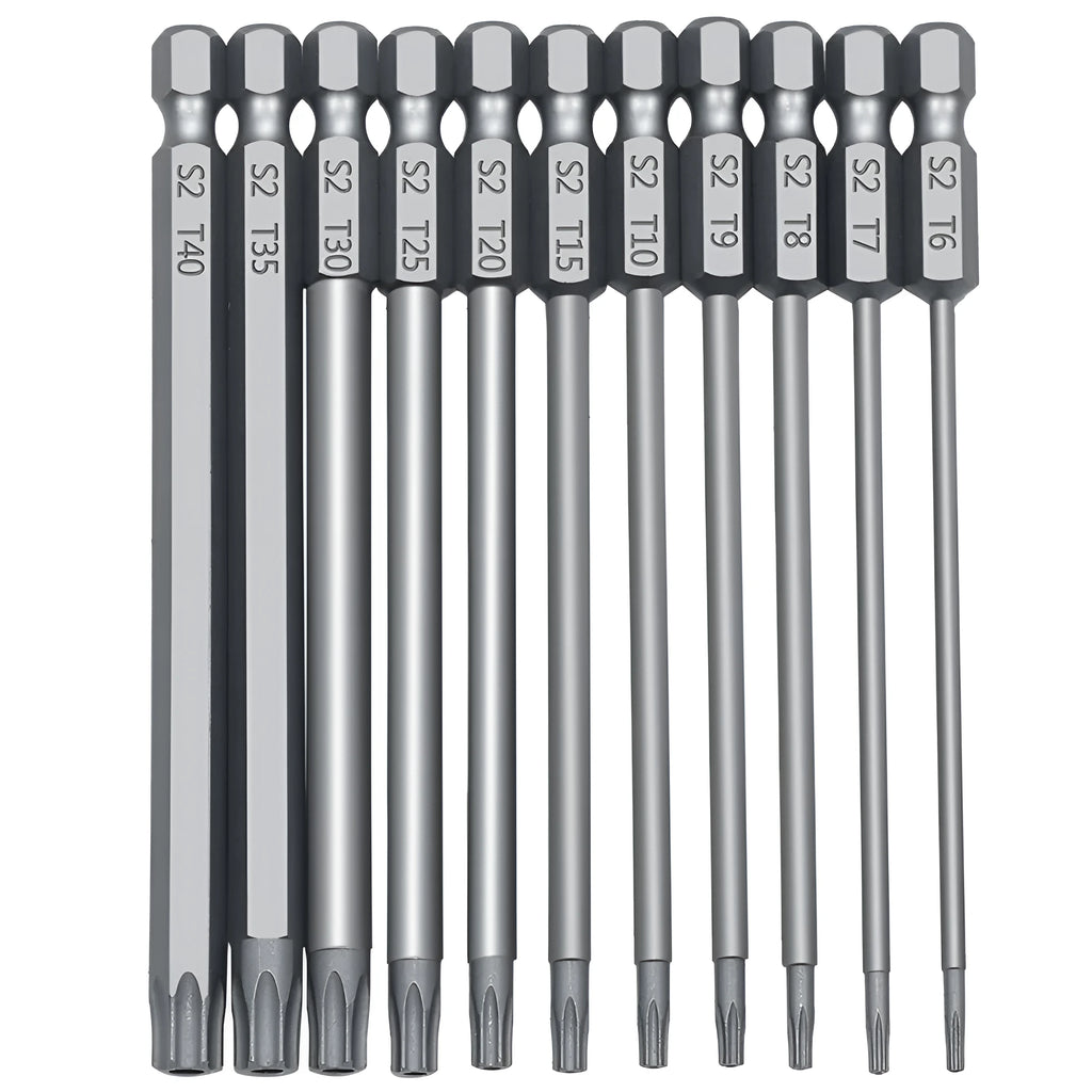 Hexagon handle screwdriver bit set showing 50mm, 75mm, and 100mm length options with alloy construction