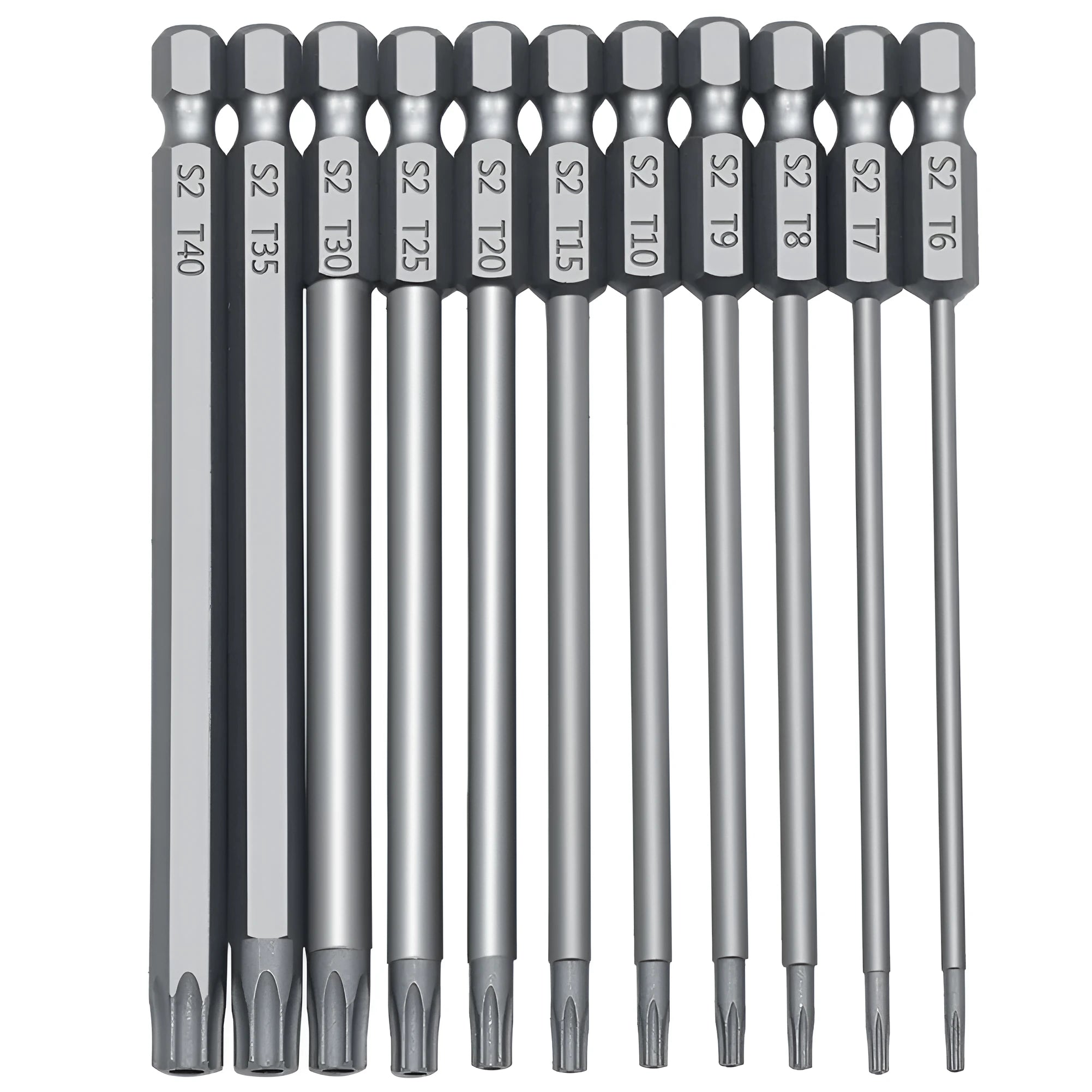Hexagon handle screwdriver bit set showing 50mm, 75mm, and 100mm length options with alloy construction