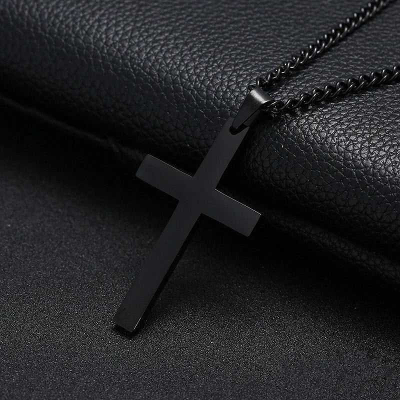 Stainless steel cross pendant necklace for men, available in black, silver, and gold finishes