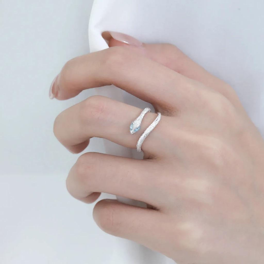 Adjustable opening silver snake ring with platinum colour electroplated finish