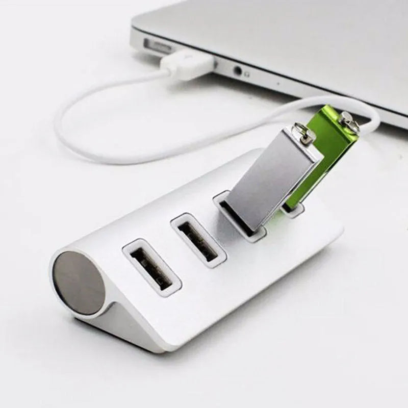 Silver USB-C to 4-port USB 2.0 hub with aluminium alloy build, compact size 88x39x22 mm