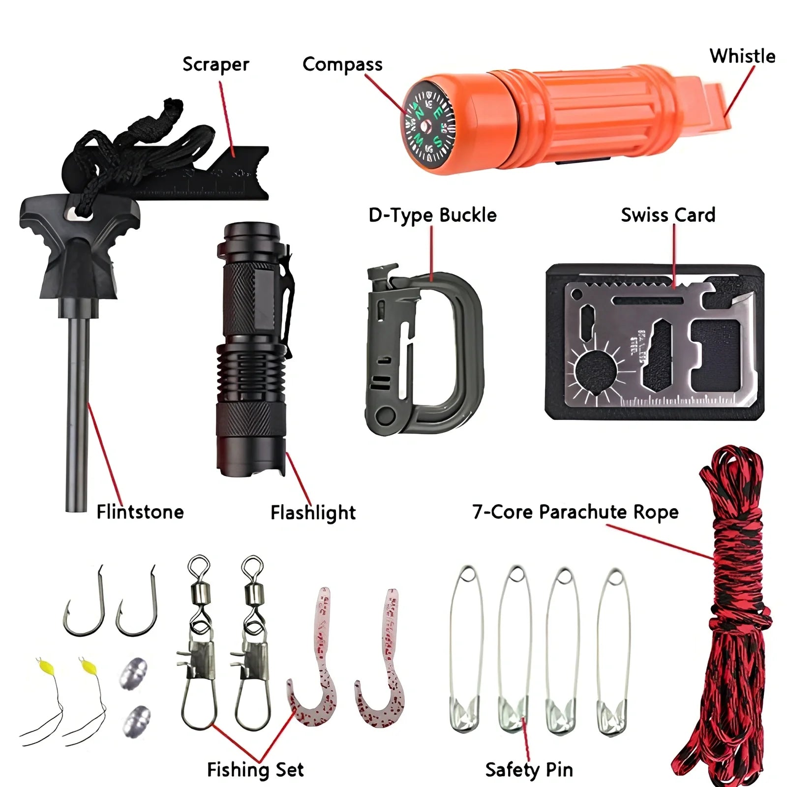 Compact black survival kit with compass, whistle, fishing components, and multi-tool arranged in organised compartments