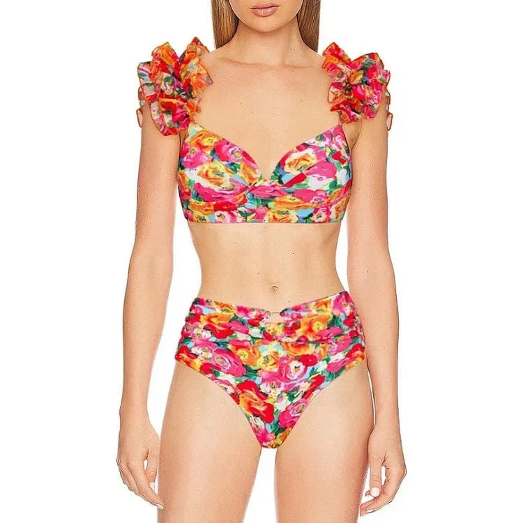 Women's floral push-up bikini swimsuit with high waist briefs on mannequin