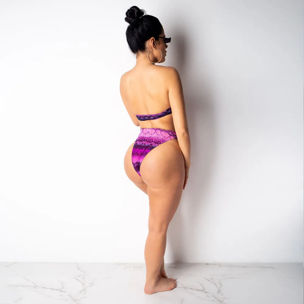 Women's snakeskin print three-piece bikini set with long sleeve top and short pants