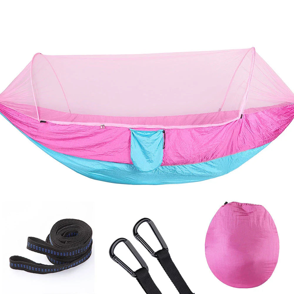 Cozy outdoor hammock with quick pop-up mosquito net, perfect for camping, hiking, and backyard relaxation