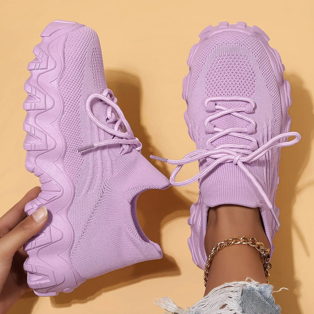 Plus size women's fly-knit sports shoes with platform heel, breathable mesh upper, available in multiple colours
