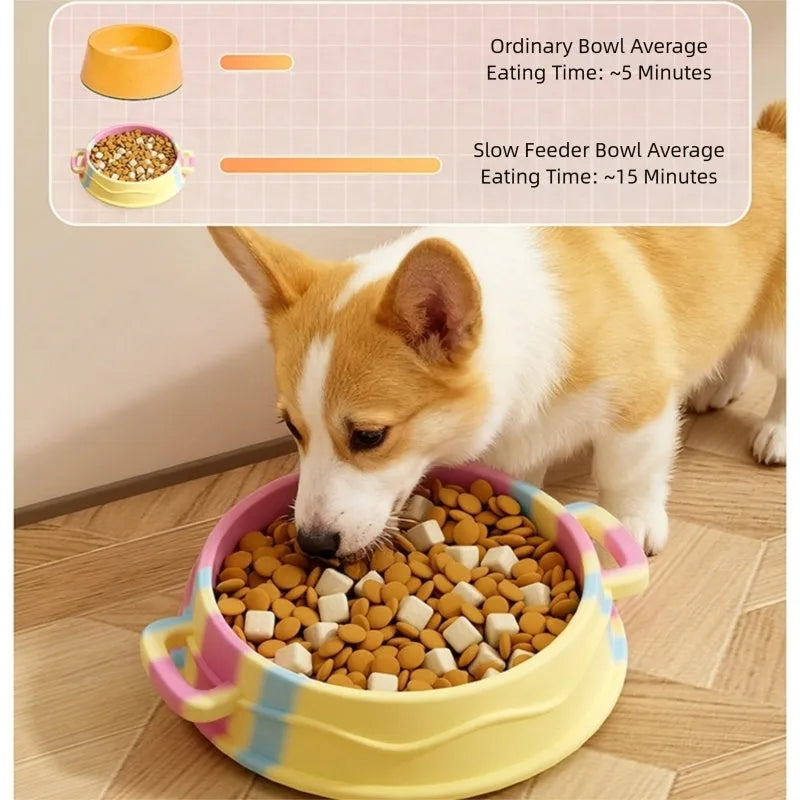 Silicone slow food bowl with double-ear handle and interactive maze design for dogs, in green colour