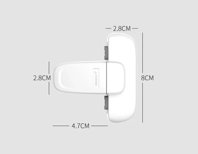 Child safety refrigerator lock in white and grey, featuring a T-type double button mechanism