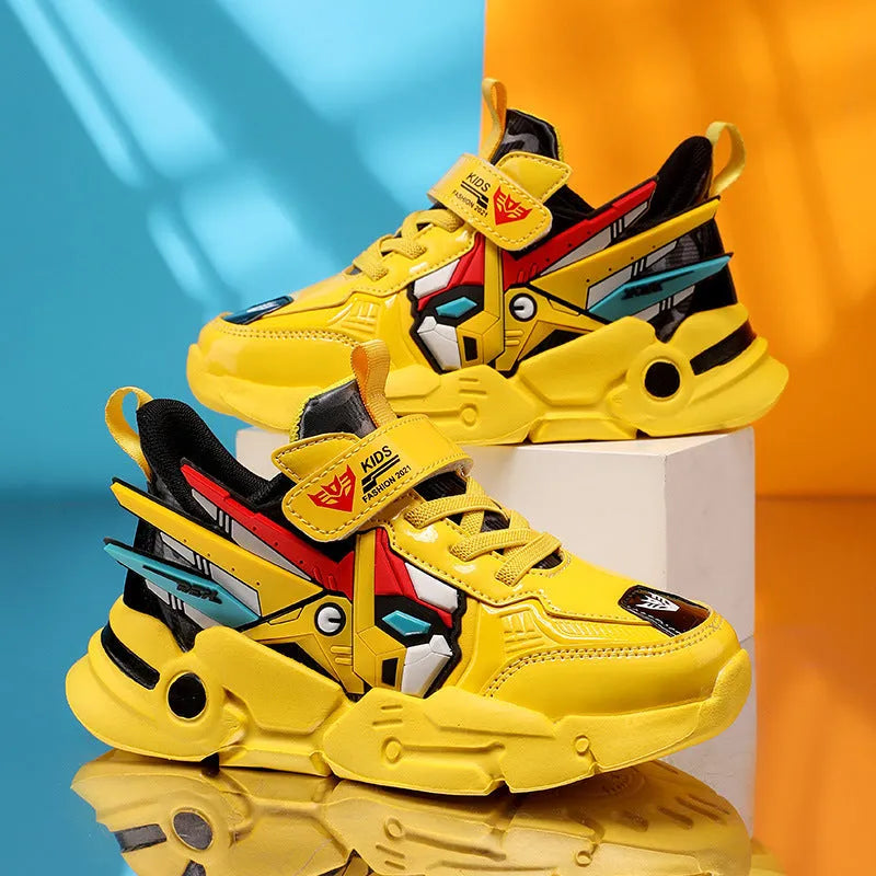 Children's Velcro running shoes in yellow, black red, and lake blue colours with cartoon pattern