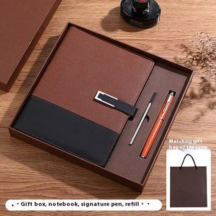 A5 soft PU leather business notebook in choice of five colours, shown with wood-free paper pages and optional gift box.